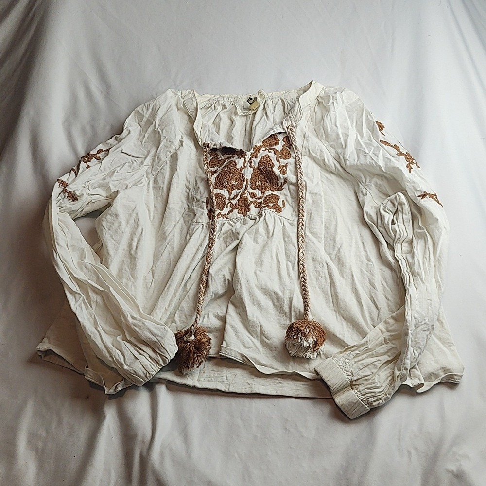Cupio Boho Peasant Blouse Embroidered Tassel White Women's Size Large